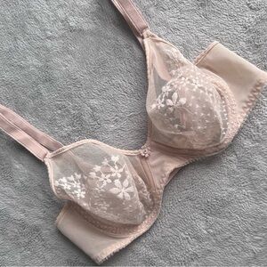 Vintage 60s Triumph Sheer Floral Mesh Embroidered Lace Underwire Bra Cream 34B